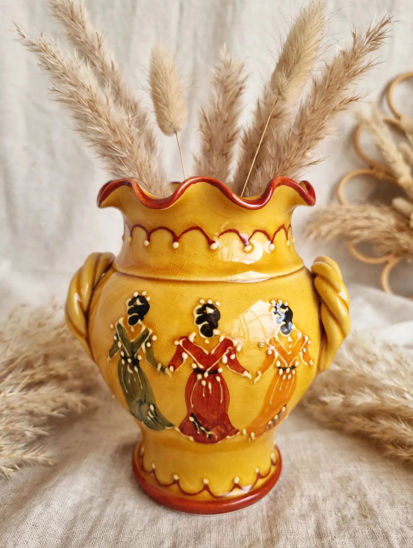 Vase pitcher Vallauris vintage yellow 3 Spanish dancers 50s