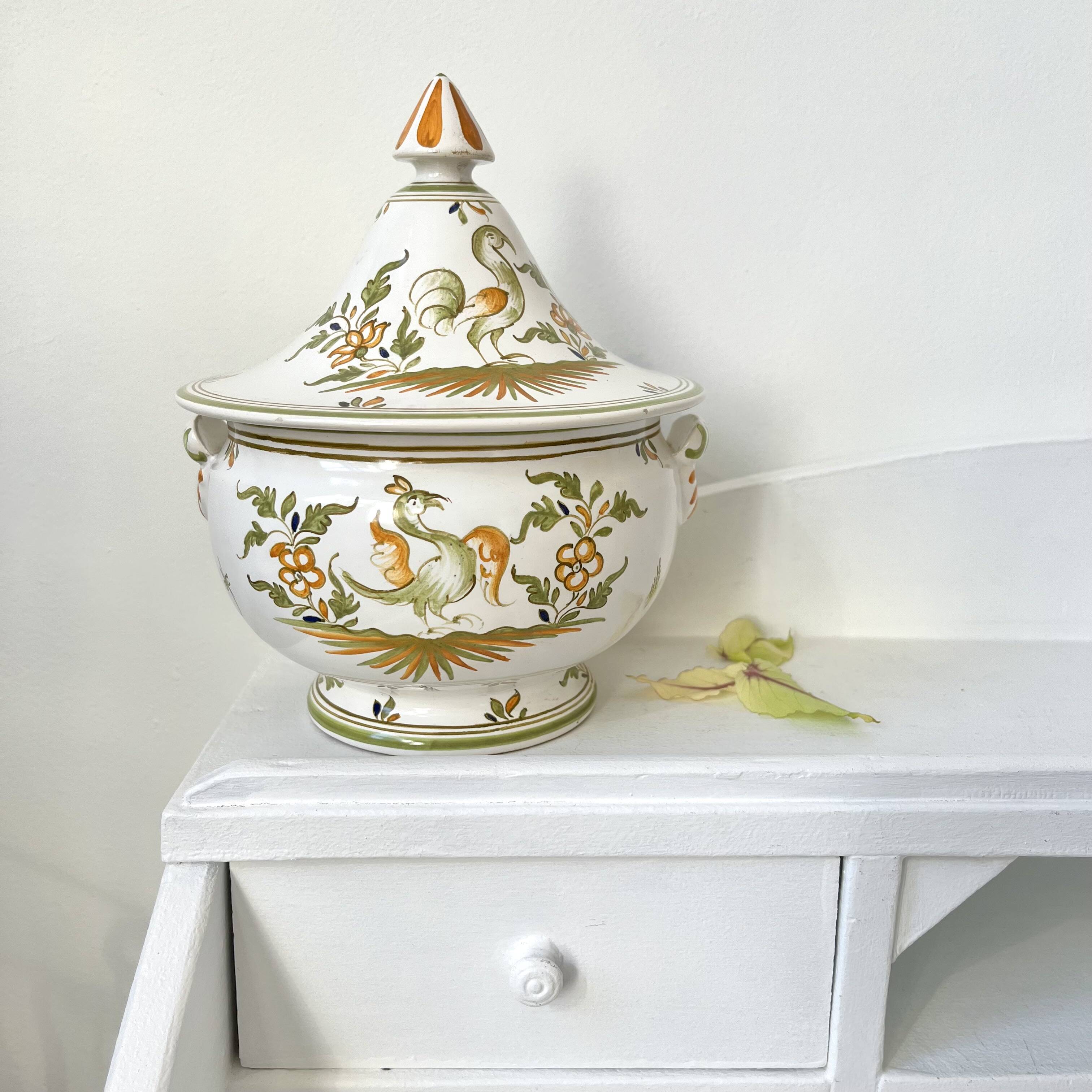 Covered candy jar signed M Malicorne, Moustiers decor