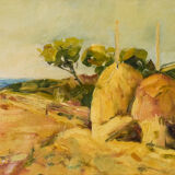Post impressionist landscape with haystacks