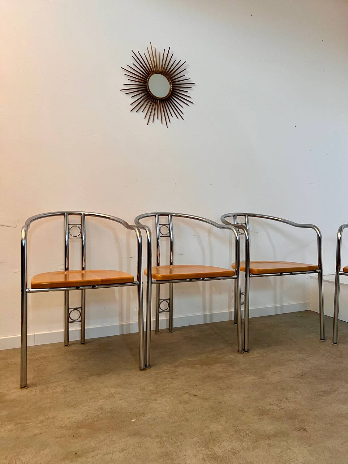 4 old metal chairs with wooden seats, Italian design, postmodern 80s