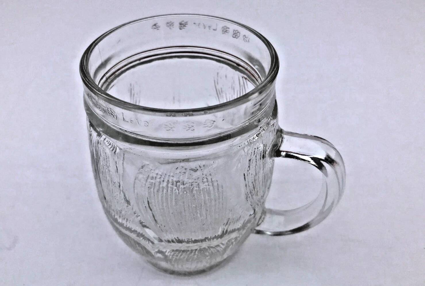 1970s 2 thick transparent glass mugs with textured bark imitation