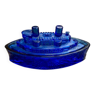 Bonbonnière vintage en verre bleu “Remember the Maine”  - militaria