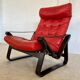 Vintage danish retro reclining lounge chair & stool in red leather by komfo