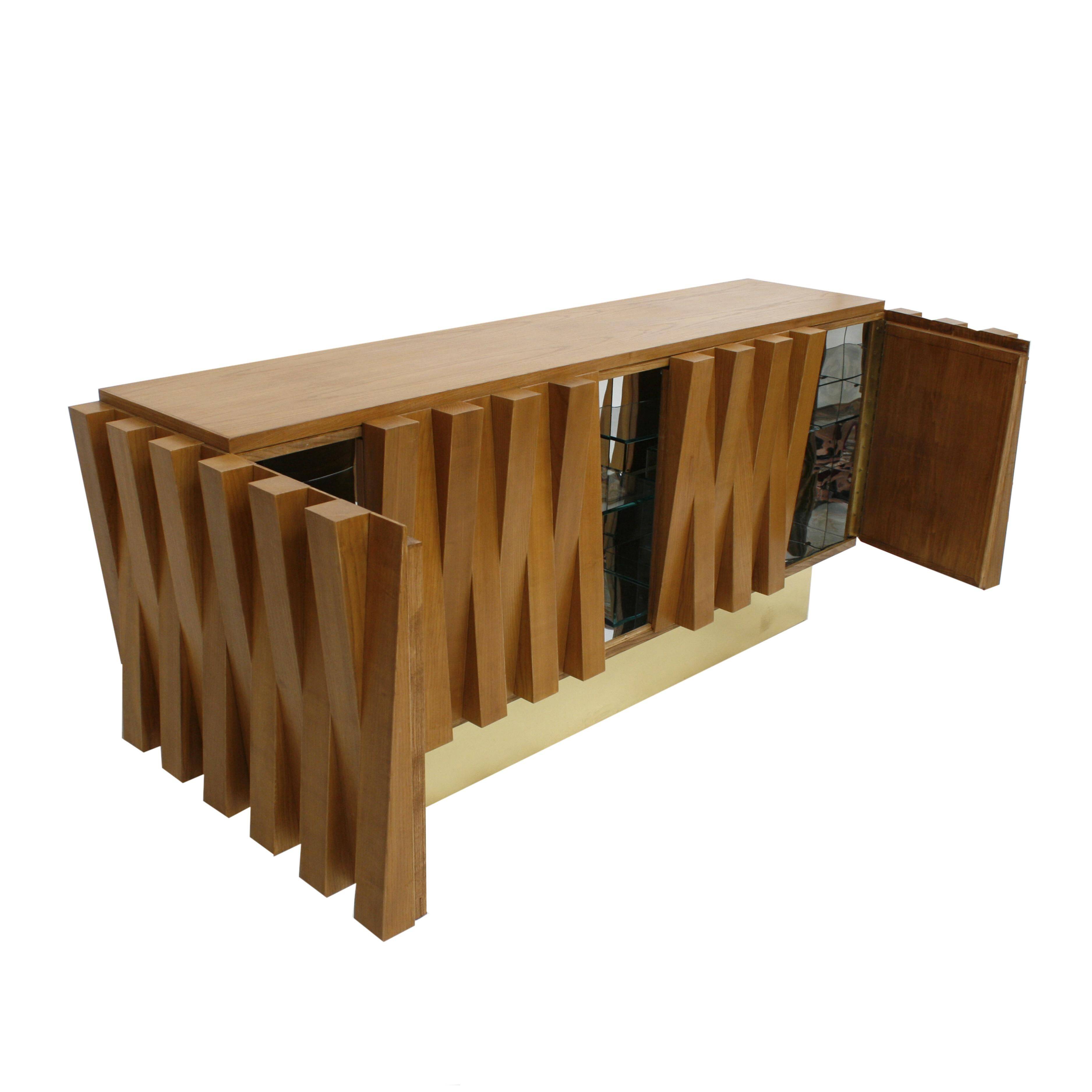 Brutalist Style Cabinet, Italian Faceted Oakwood and Brass Sideboard