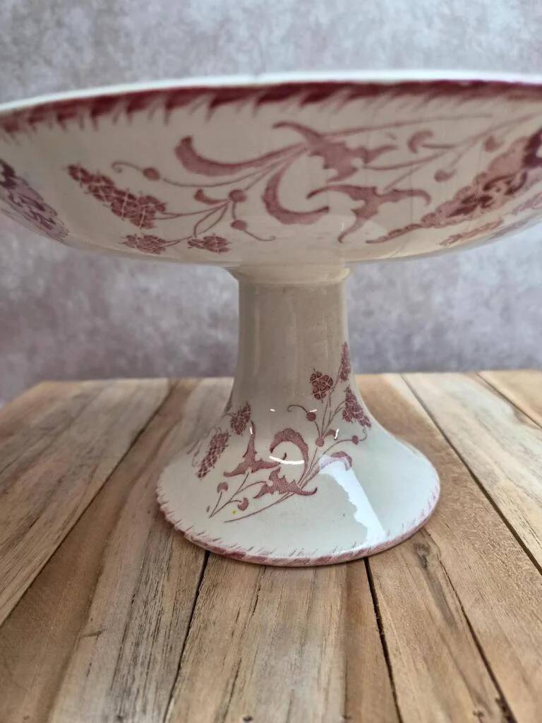 Antique compote dish Terre de fer Longwy Rambouillet model – burgundy decoration