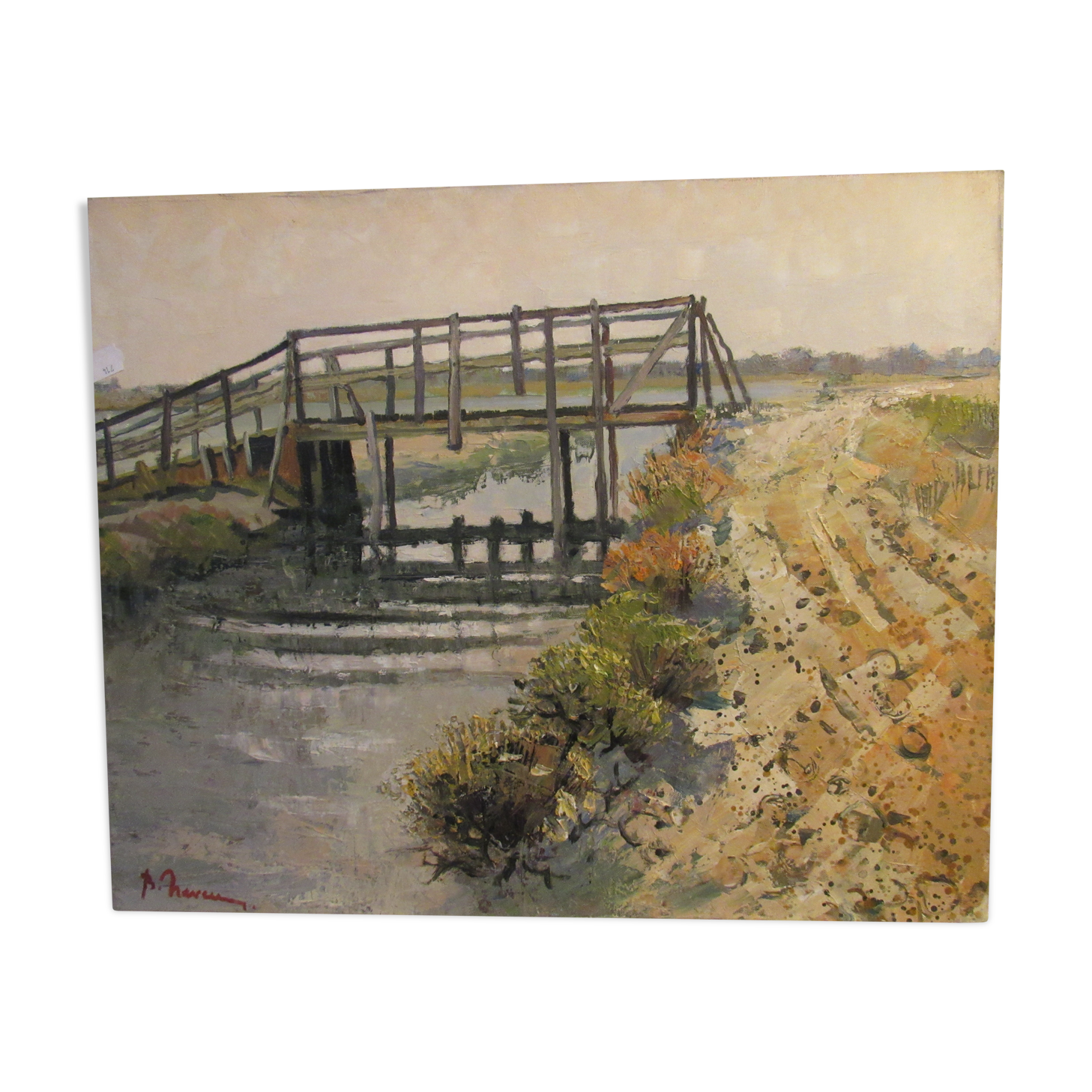 Oil on canvas, wooden Bridge in Camargue, signed