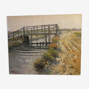 Huile sur toile, pont de bois en Camargue, signée