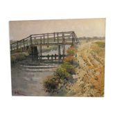 Huile sur toile, pont de bois en Camargue, signée