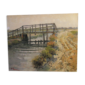 Huile sur toile, pont de bois en Camargue, signée