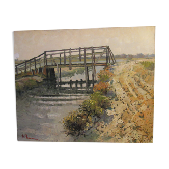 Oil on canvas, wooden Bridge in Camargue, signed