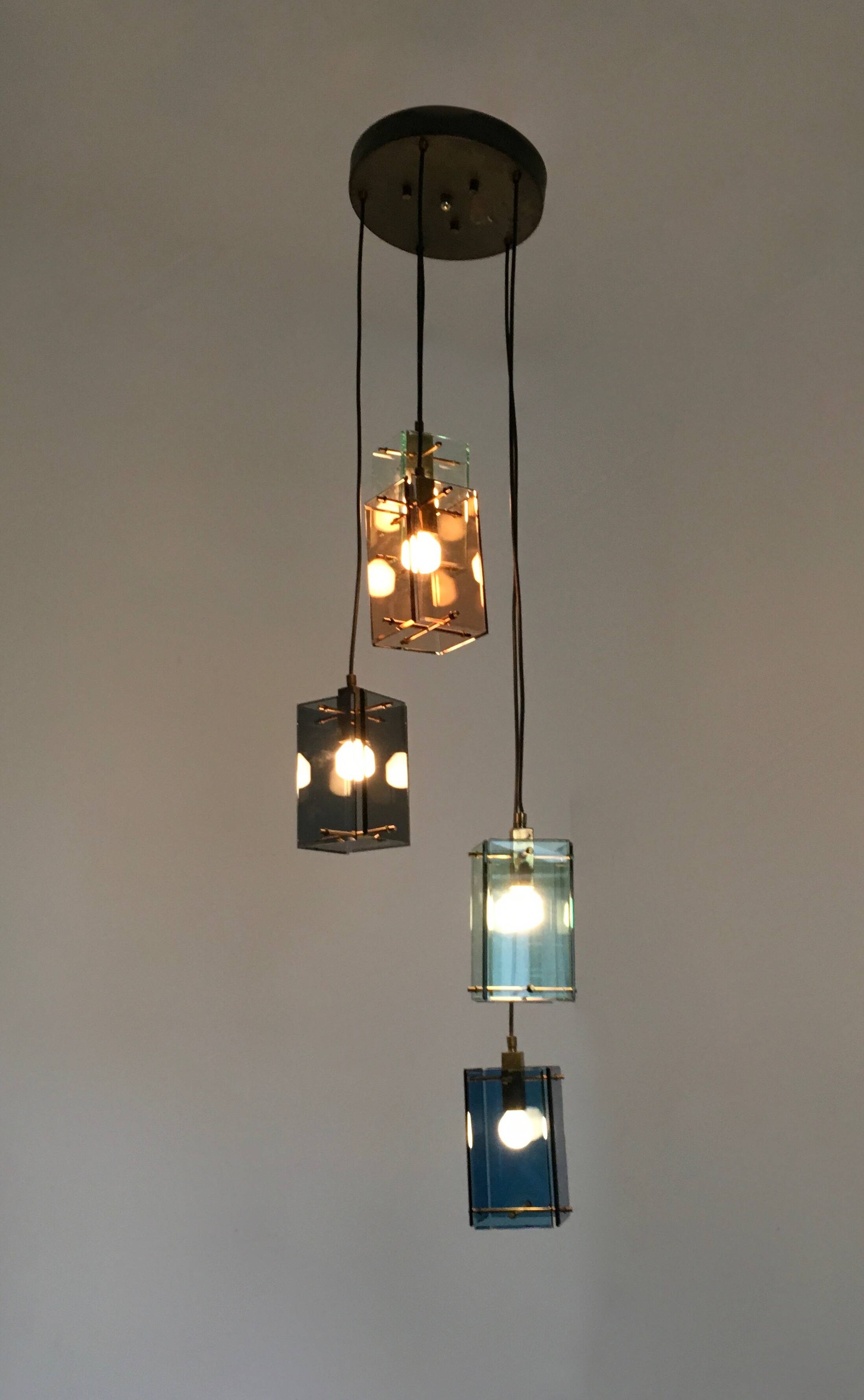 Five Light Colored Glass Brass Chandelier Pendant
