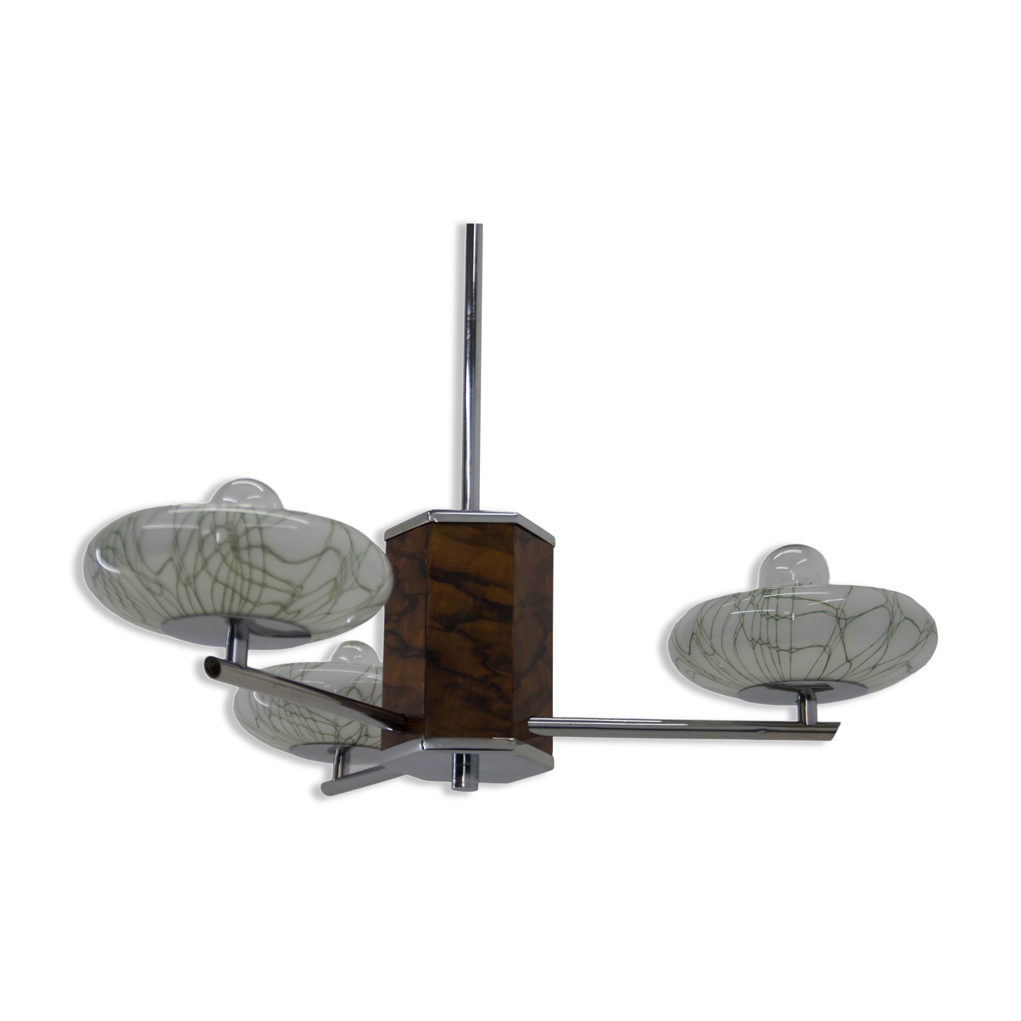 Art deco wood chrome and glass chandelier, 1940s, restored