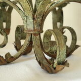 8-branch wrought iron chandelier with gray-green patina and antique gilding