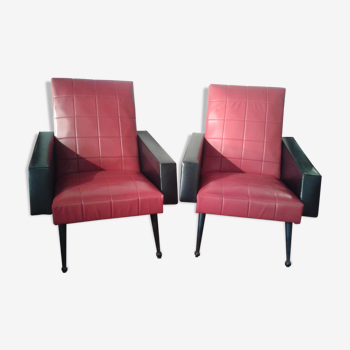 Paire de fauteuils vintage en skaï rouge et noir