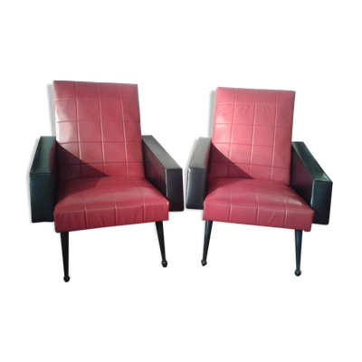 Paire de fauteuils vintage en skaï rouge et noir