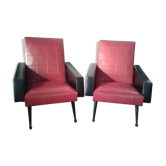 Paire de fauteuils vintage en skaï rouge et noir
