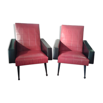 Paire de fauteuils vintage en skaï rouge et noir