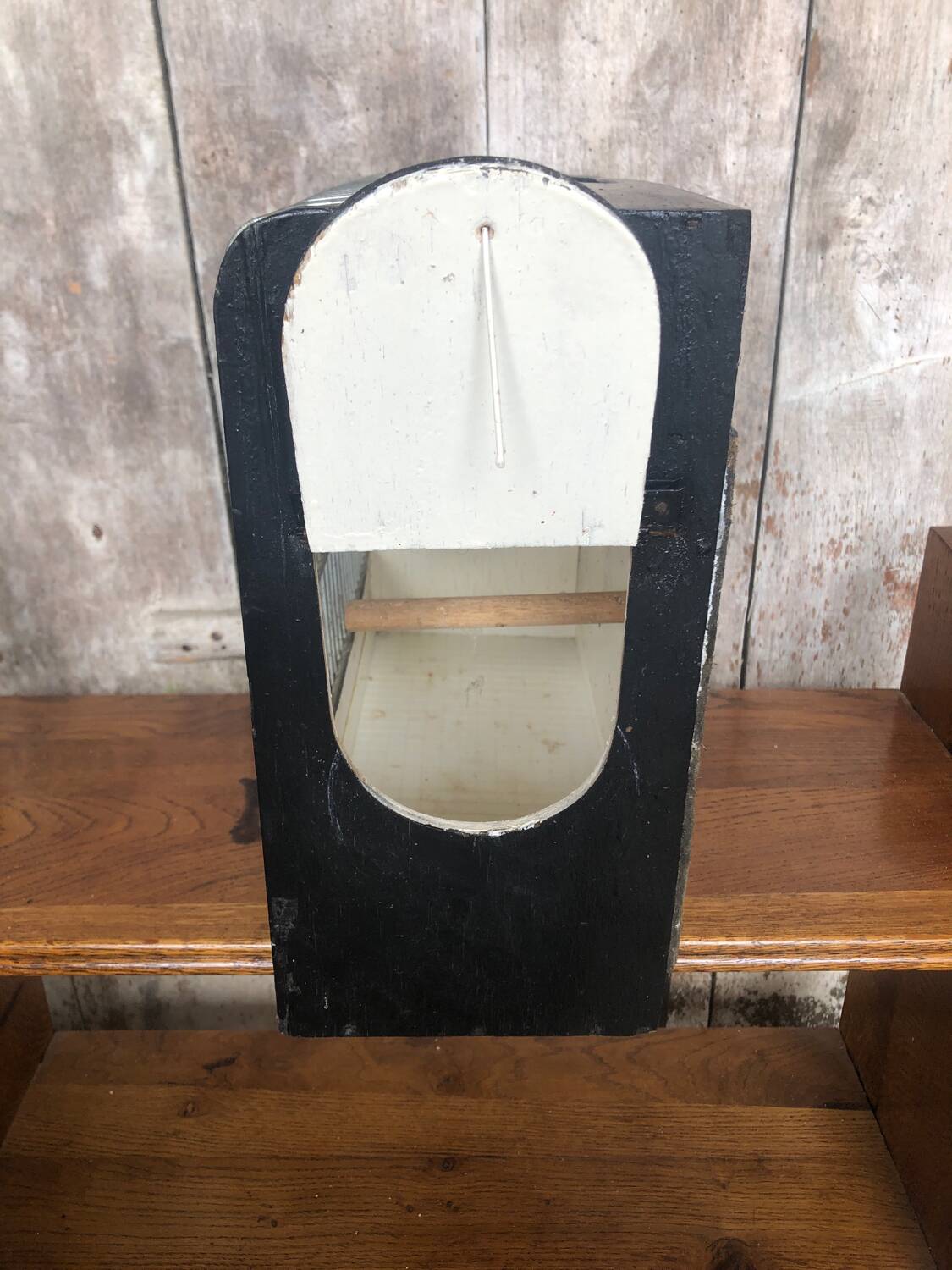 Old small bird cage caoa wood + metal + plastic tray vintage