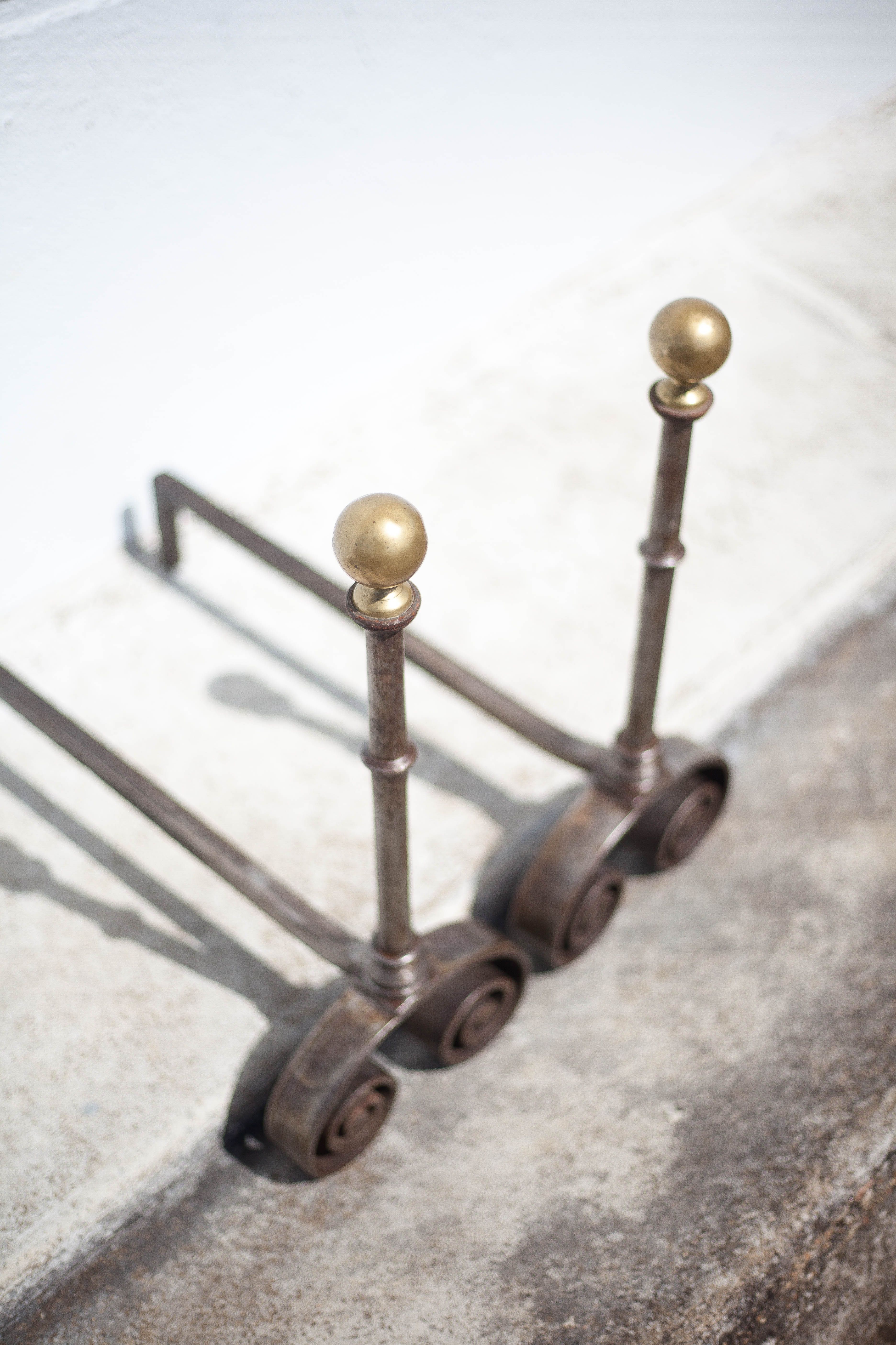 Vintage shirts, pair of wrought iron chenets and brass ball, large Napoleon III Style chenets