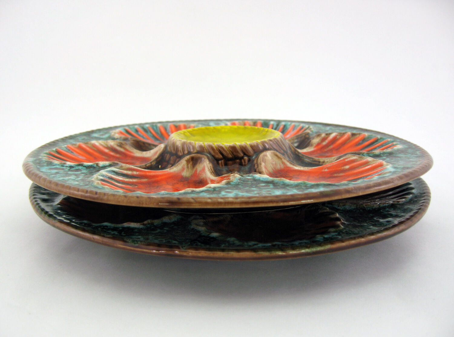 2 red/orange, yellow and green glazed ceramic oyster plates - Vallauris France - vintage