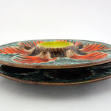 2 red/orange, yellow and green glazed ceramic oyster plates - Vallauris France - vintage