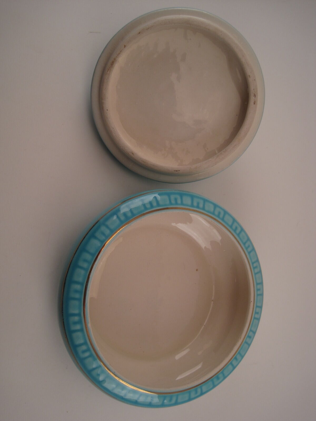 Turquoise blue earthenware candy box decorating stylized frieze fish Art Deco