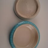 Turquoise blue earthenware candy box decorating stylized frieze fish Art Deco