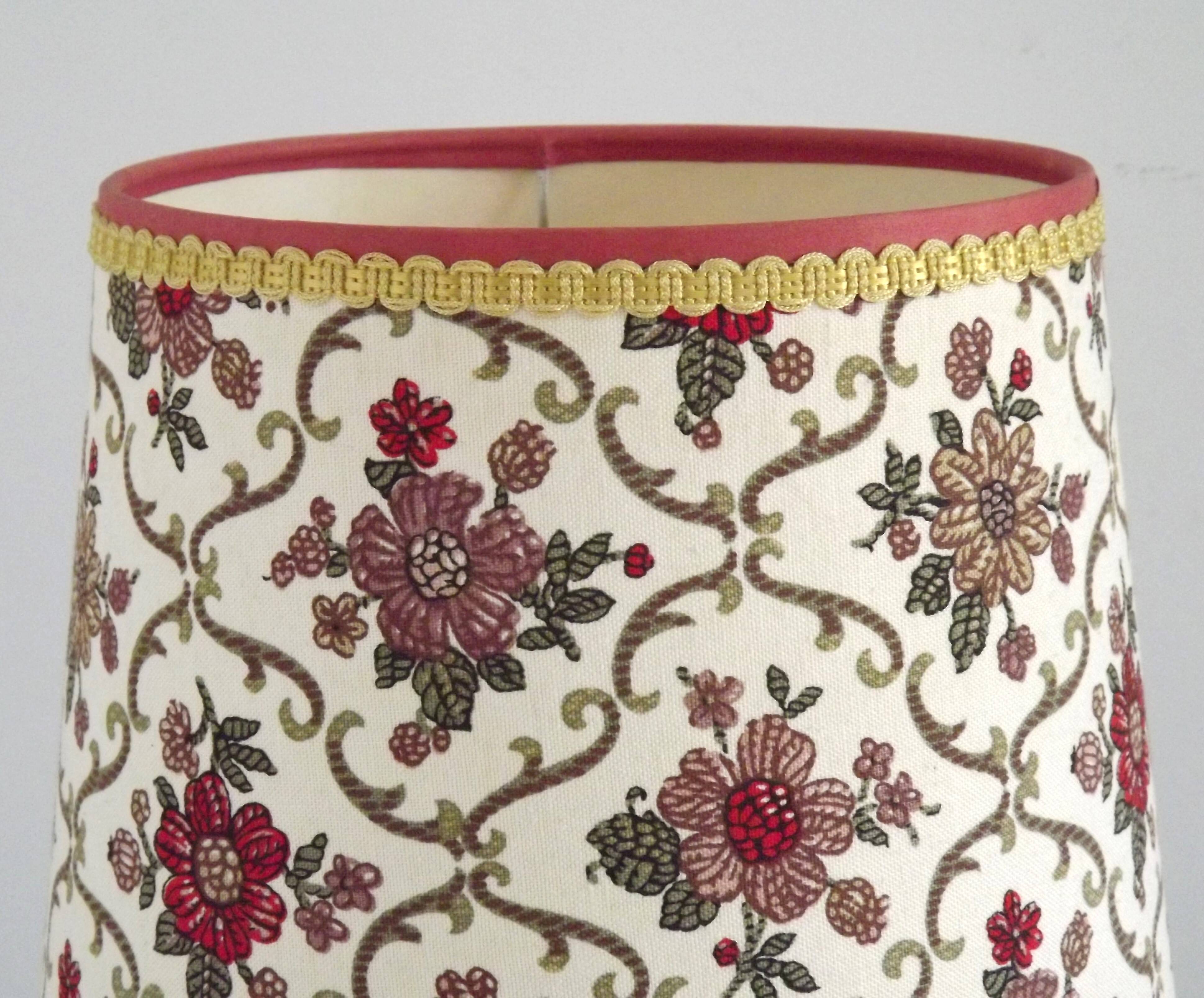 French Vintage Round Wooden Barley Twist Table Lamp With Floral Shade