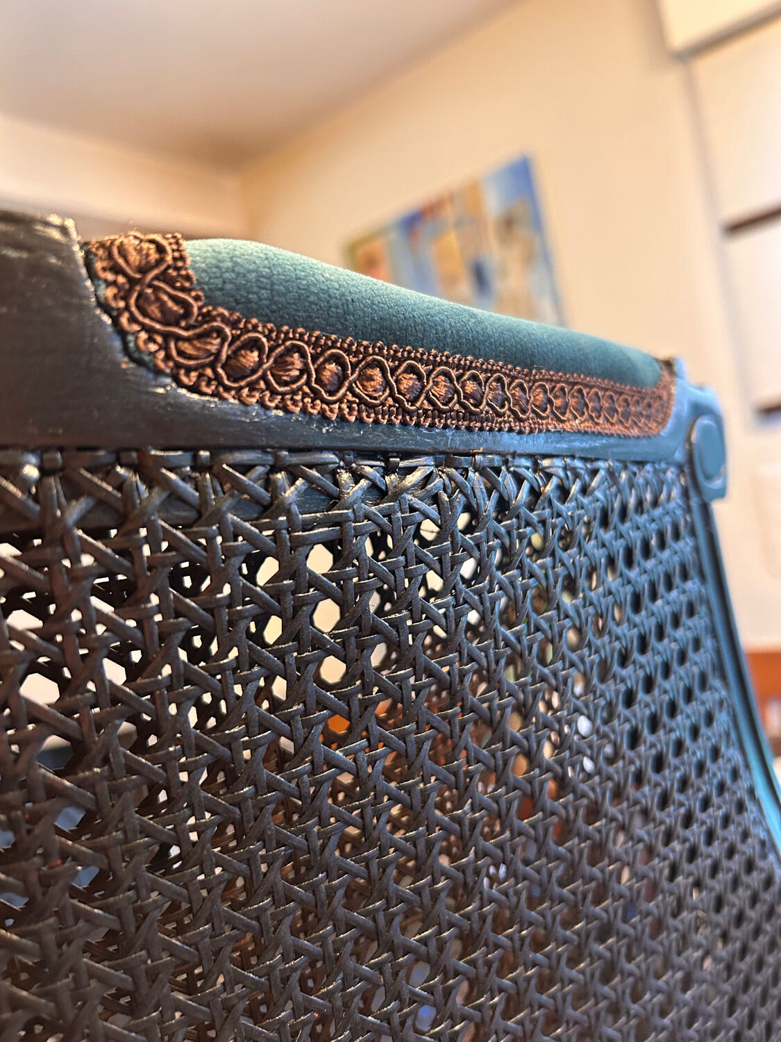 Louis XVI armchair with caning and dark green velvet