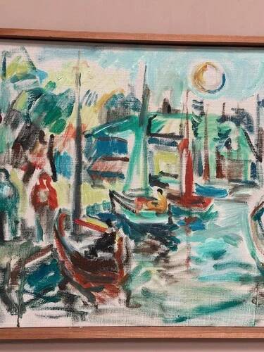 Original Swedish Oil on Canvas" Harbor" By Sven Sinde, Vintage & Framed 47×38cm