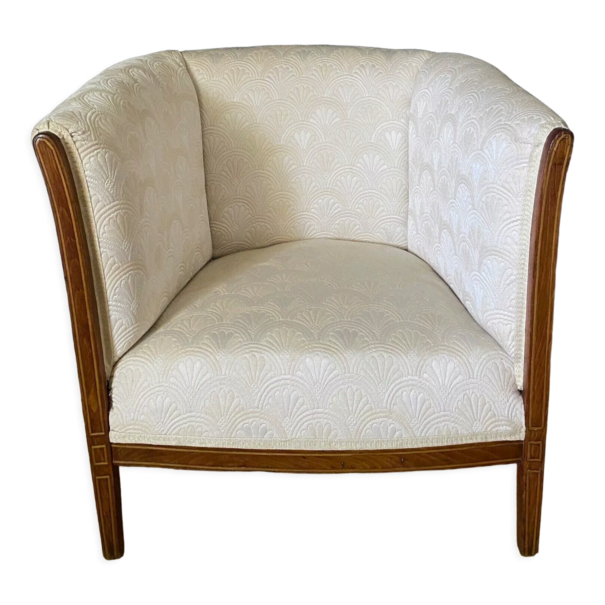 Armchair art deco 1930 marquetry fabric white cream foliage decoration