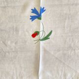 Antique hand-embroidered and braided tablecloth "poppies & cornflowers" - Linen - 107x107 cm
