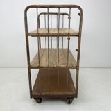 Vintage industrial iron and wood shelves on wheels