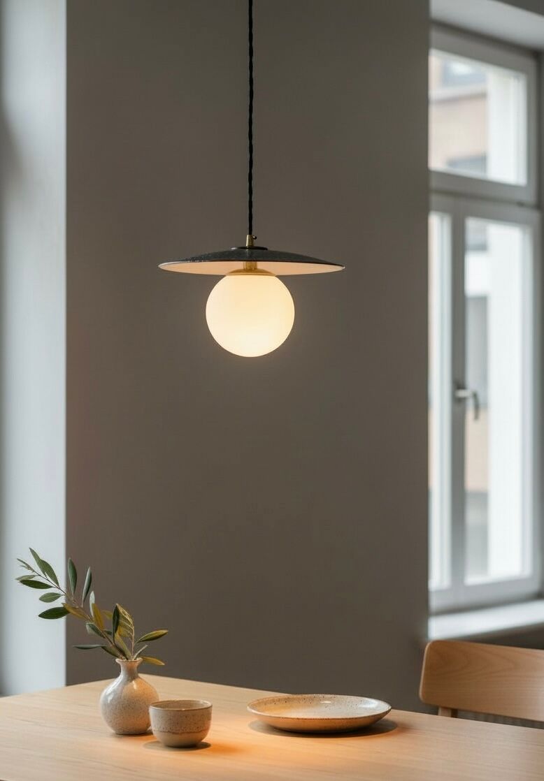 Industrial pendant light made of speckled enameled sheet metal and opaline