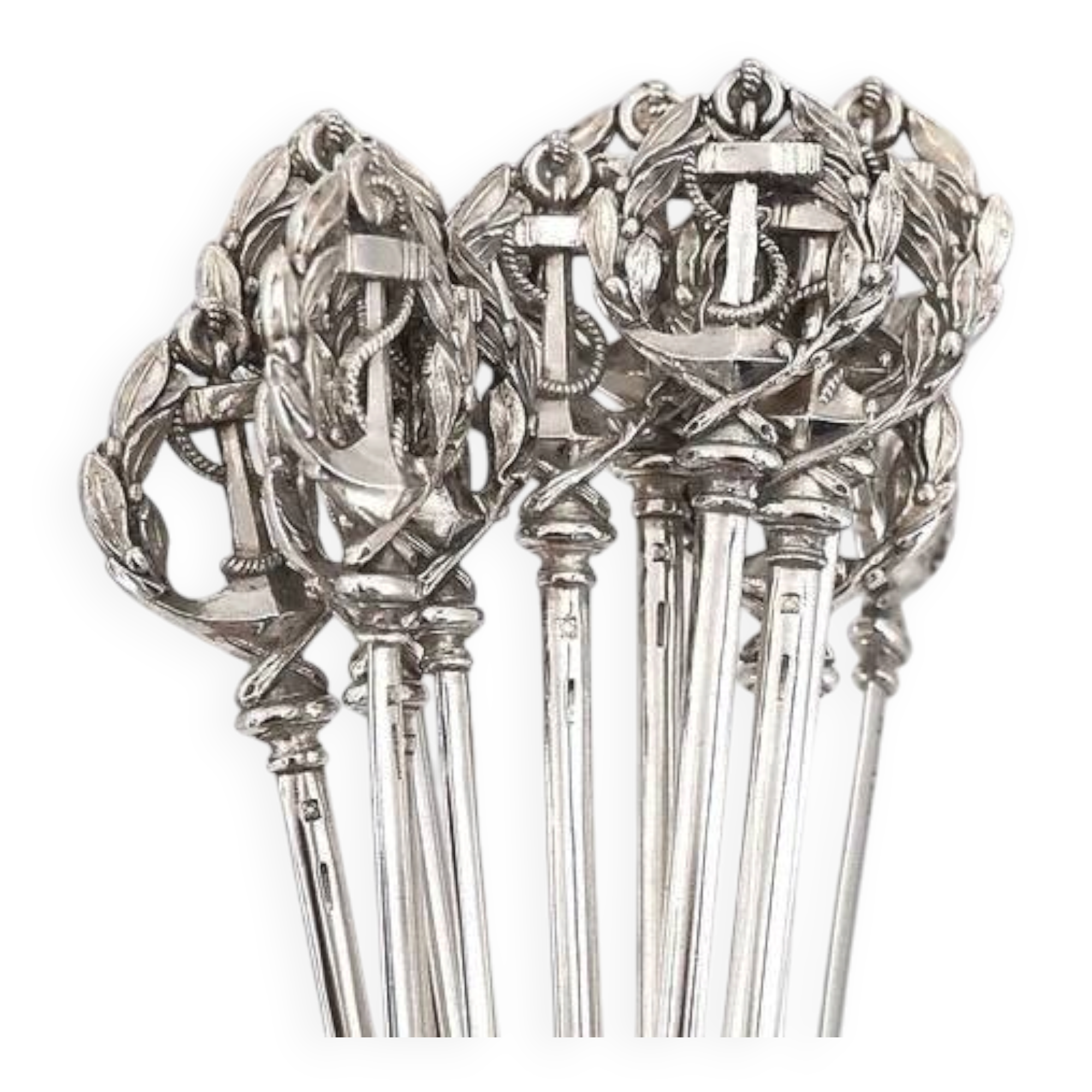 Christofle, 12 skewers, brochettes, metal silver-plated meat picks, anchor.
