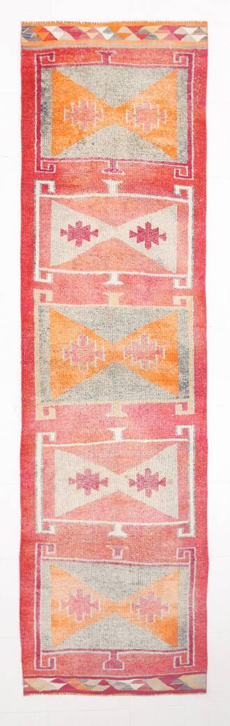 3x12 Turkish Runner Faded Pink & Grey Turkish Wool Runner Rug, 96x352Cm