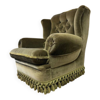Fauteuil club vintage vert à franges