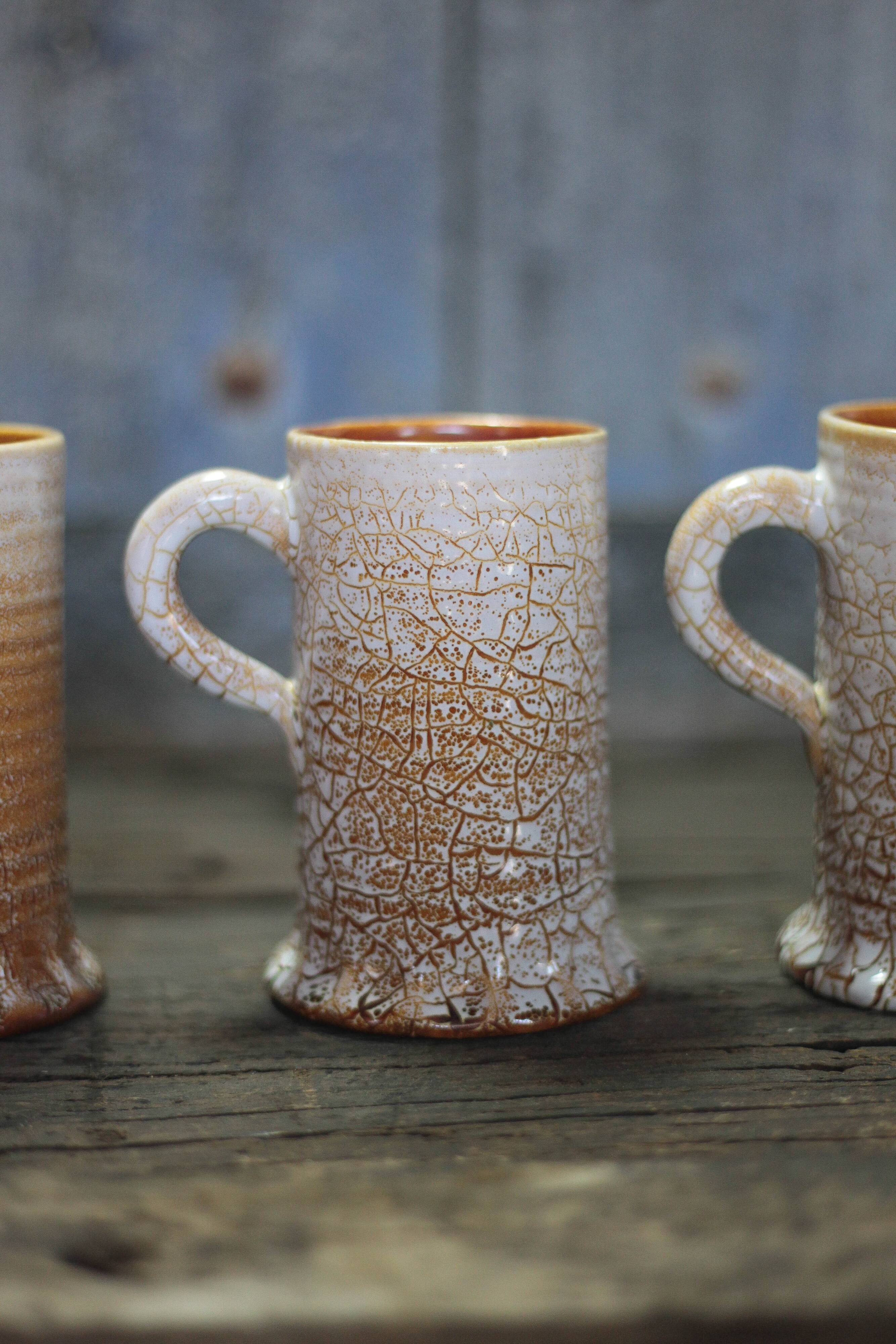 Ceramic service mug Accolay crackle effect X 4, signed tankard, art of the