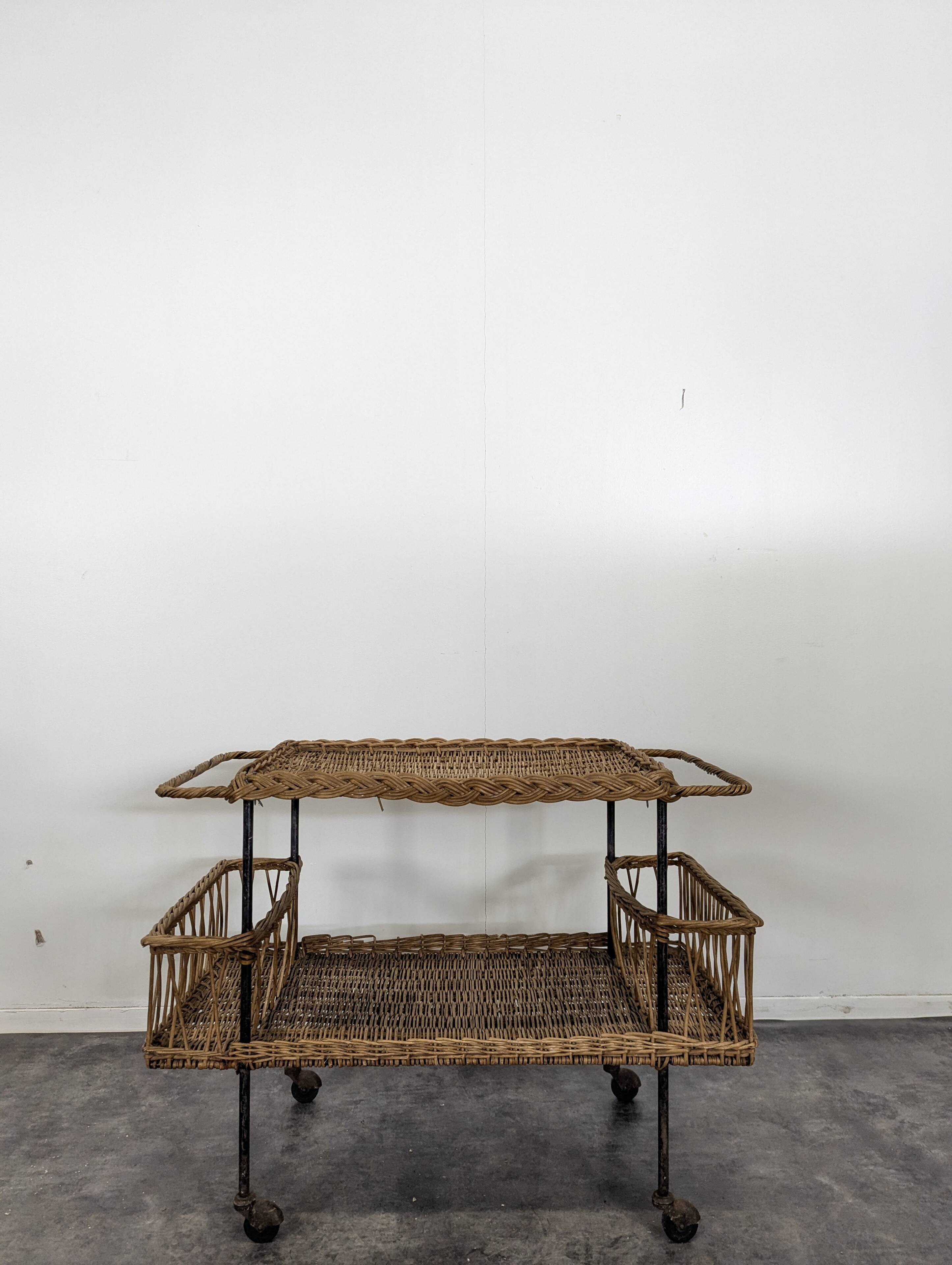 1960s rattan rolling dessert trolley
