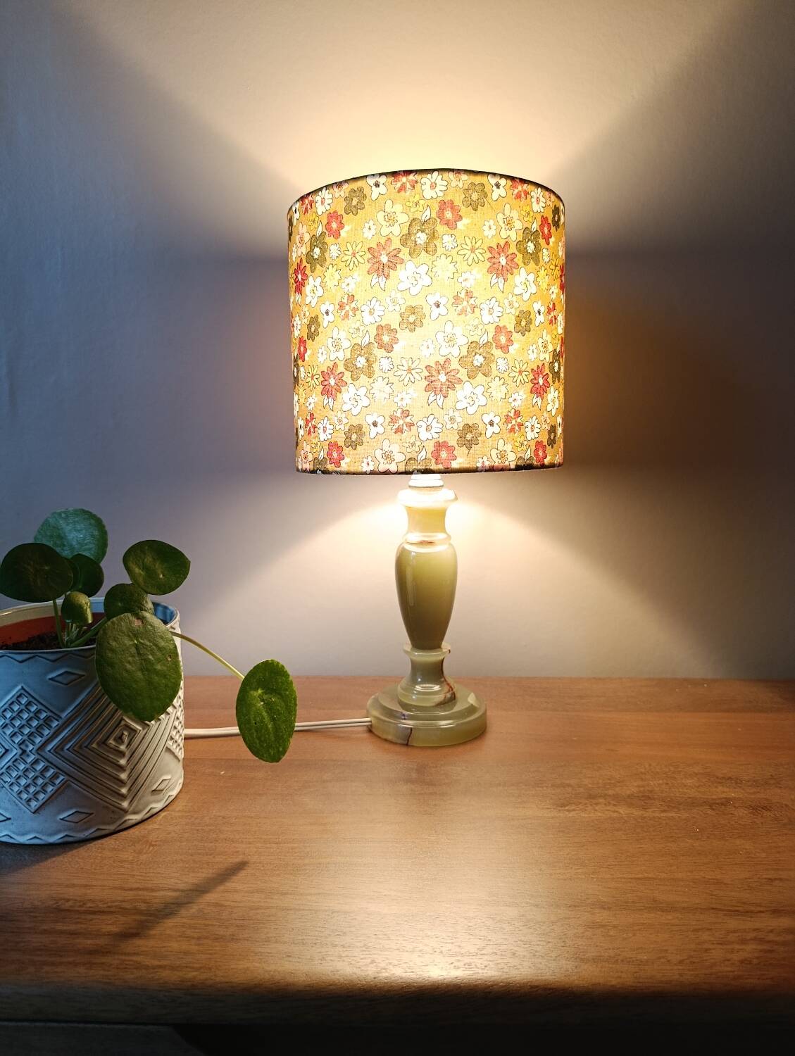Vintage retro lamp with green marble base, floral shade.