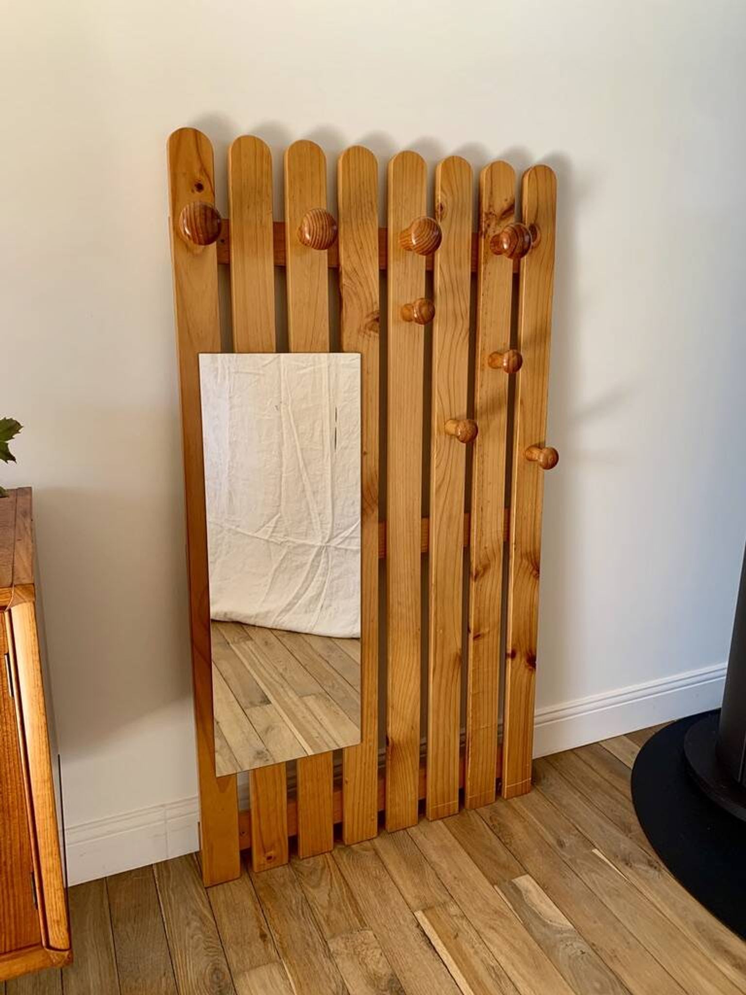 cloakroom coat rack mirror in blond pine 70s-80s