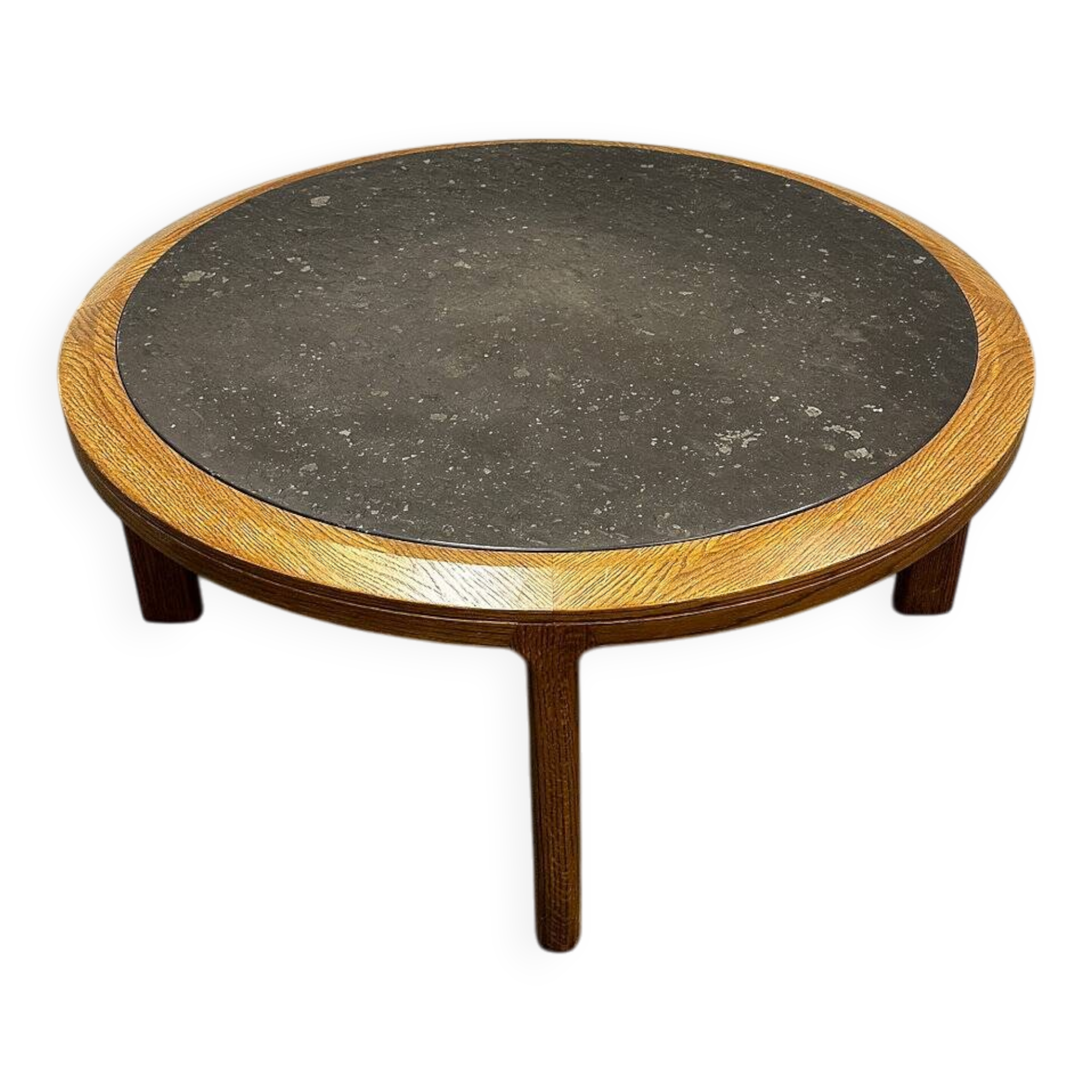 Vintage round textured slate and solid oak coffee table, France, 1970s