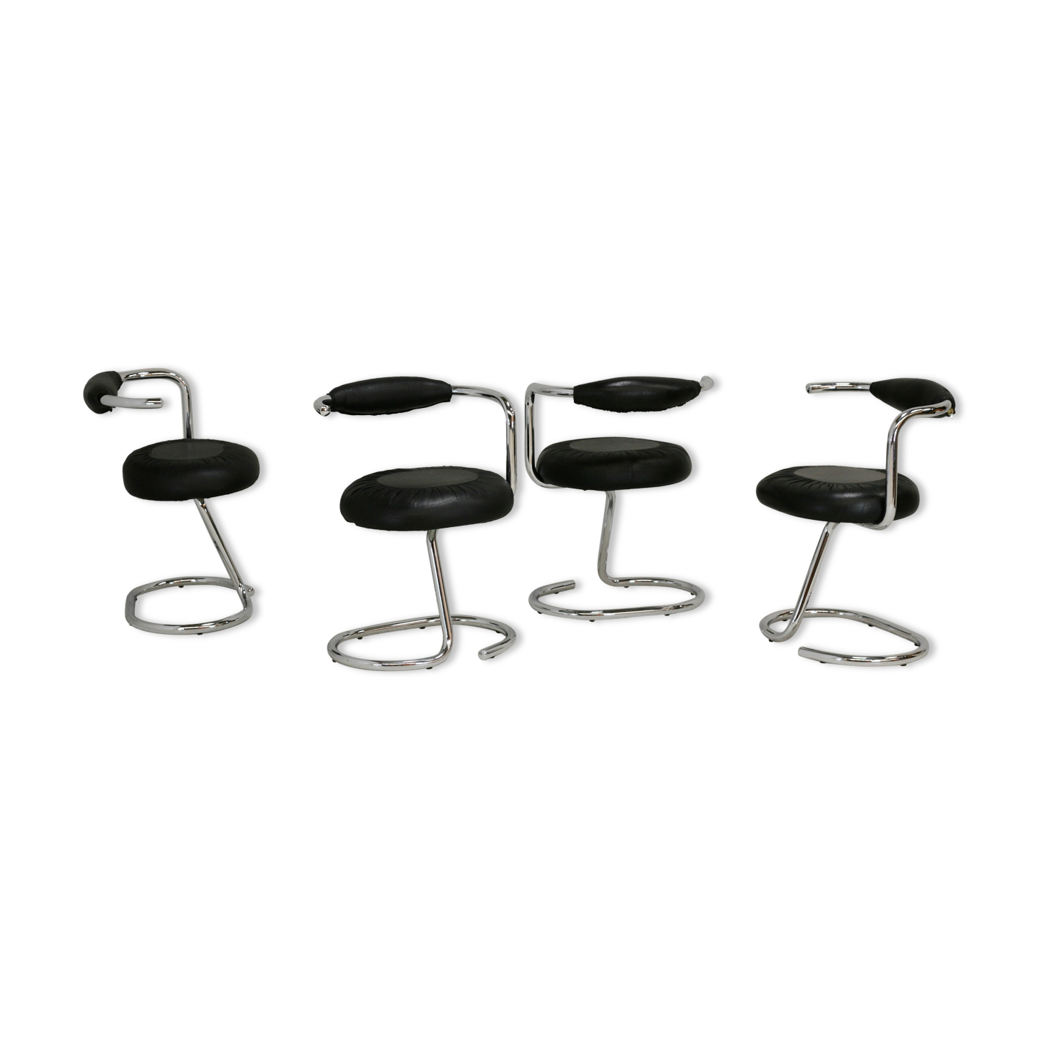 4 chairs tubular steel, imitation black leather, Italy, circa 1970