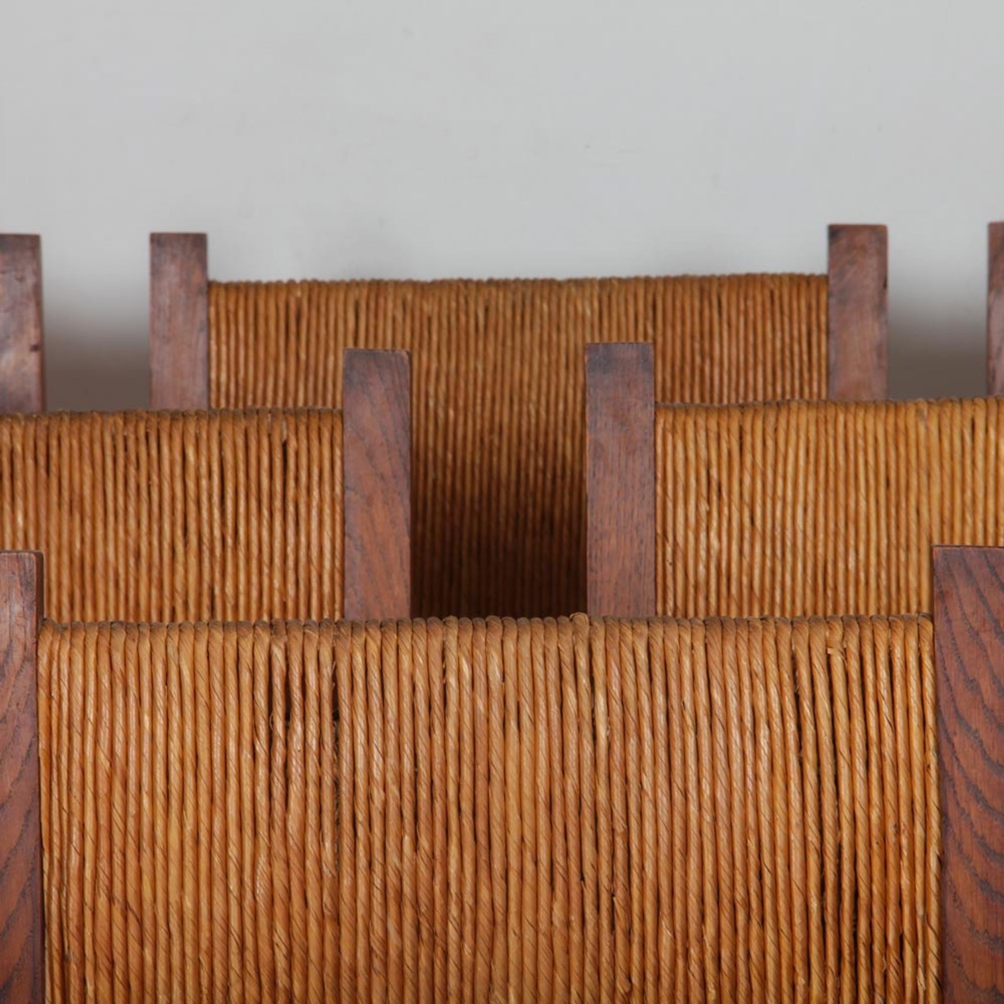 Set of 6 straw-seated solid wood chairs, French craftsmanship, 1950.