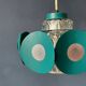 Suspension Space Age with glass shade and green/blue metal structure.