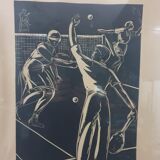 Vintage art deco tennis linocut