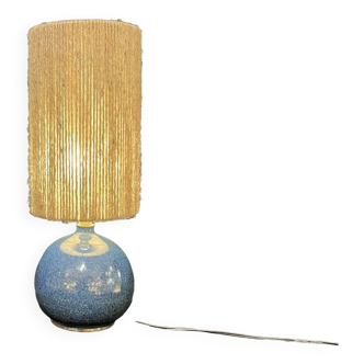 Vintage stoneware lamp by artist Colette Houtmann 1980, raffia rope lampshade