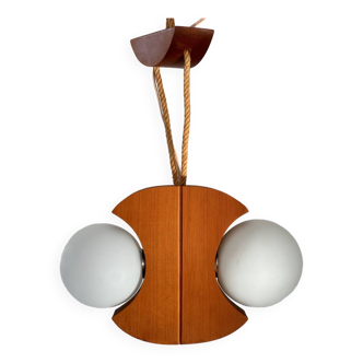 Scandinavian design chandelier pendant, rope, opaline and pine, from the 1980s