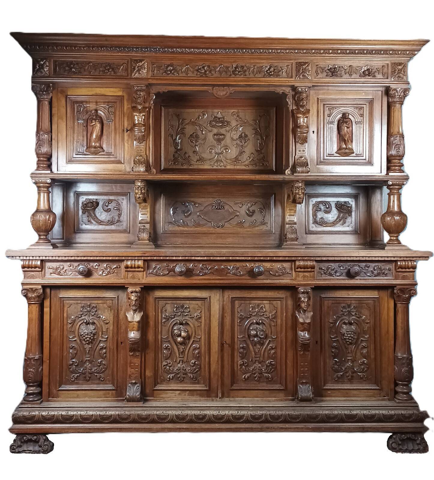 19th-century walnut buffet with two bodies.