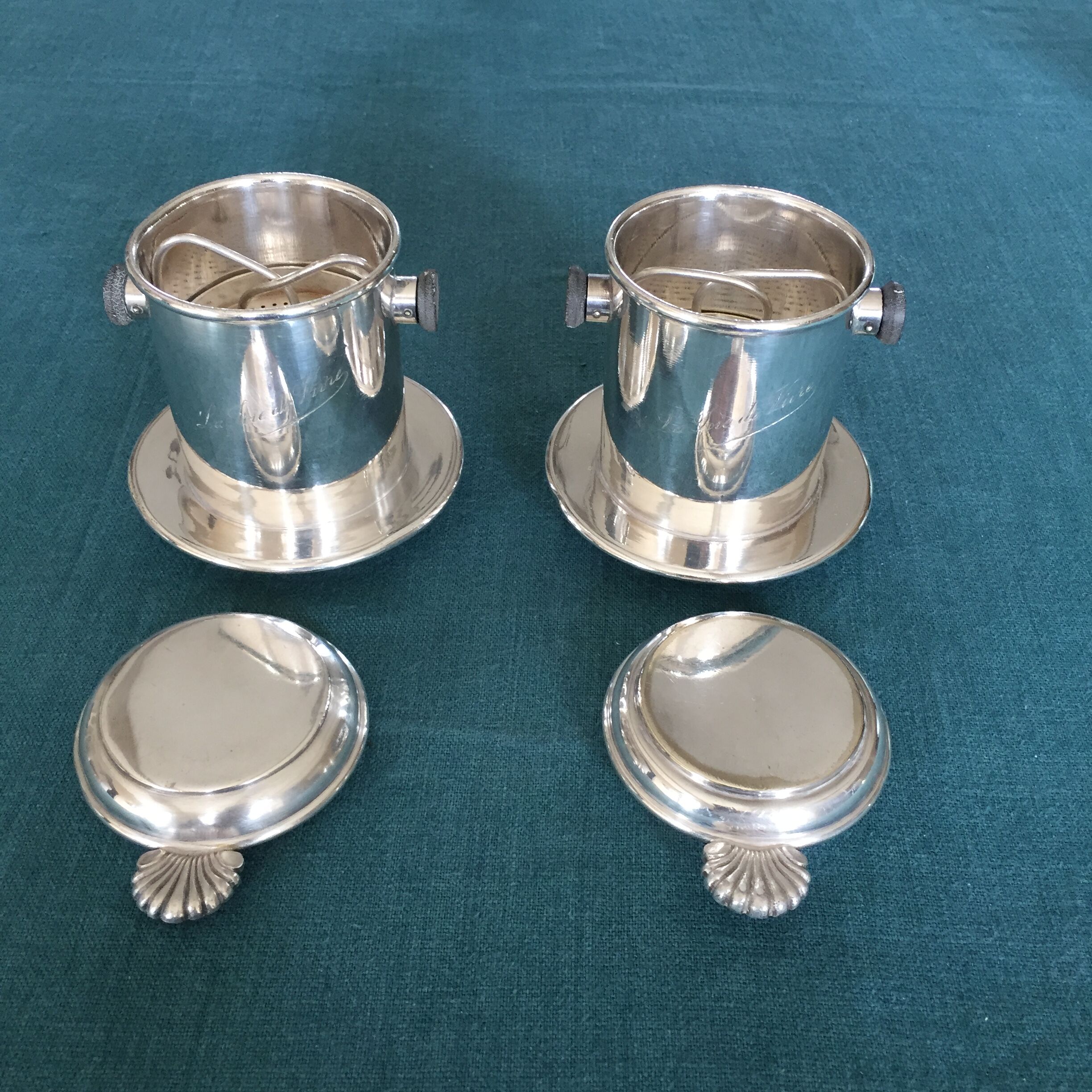 Duo of old coffee filters in silver metal Félix Frères